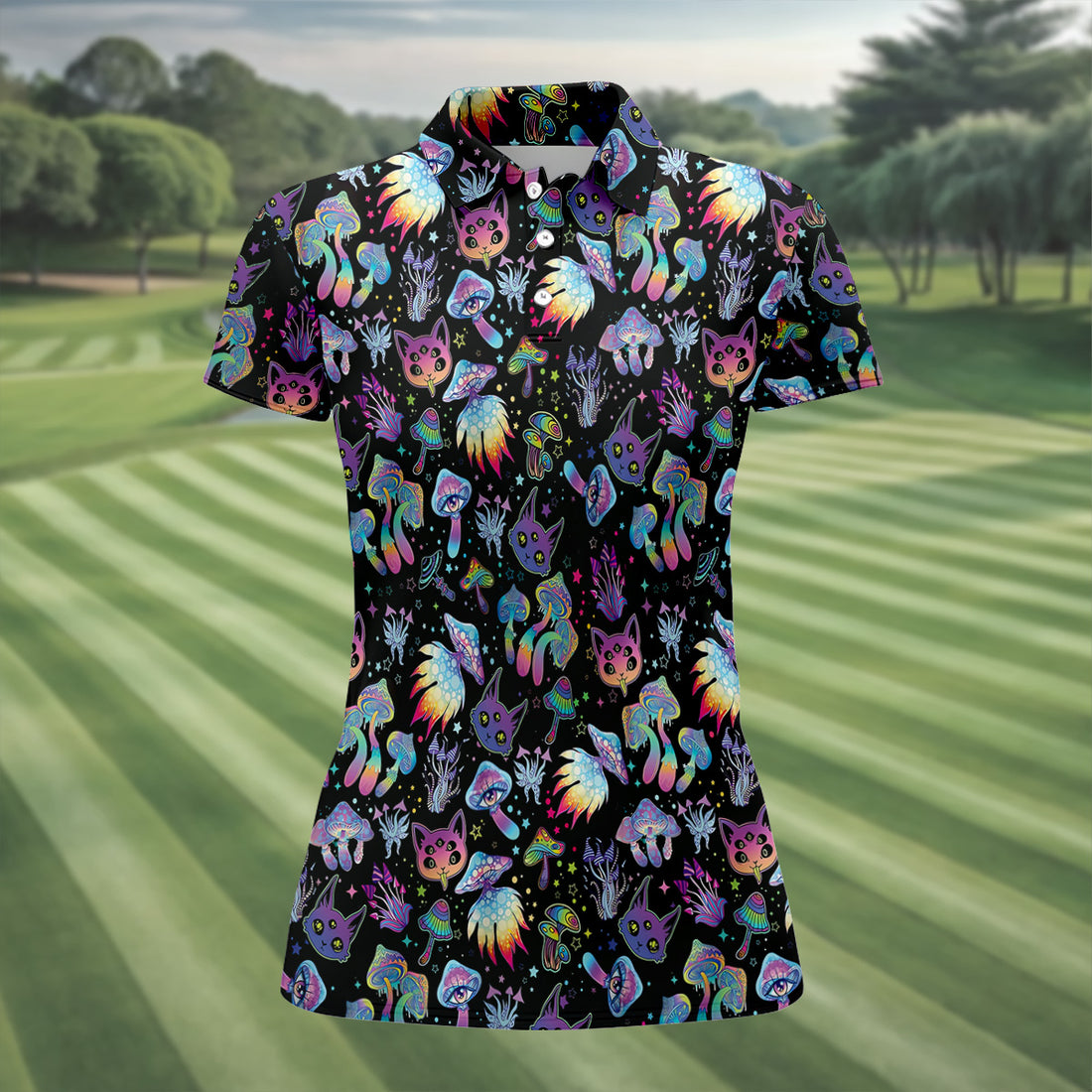 Funny Neon Cat Alien Mushroom Women Golf Shirt, Cute Golf Outfit, Ladies Golf Polos, Golfing Apparel