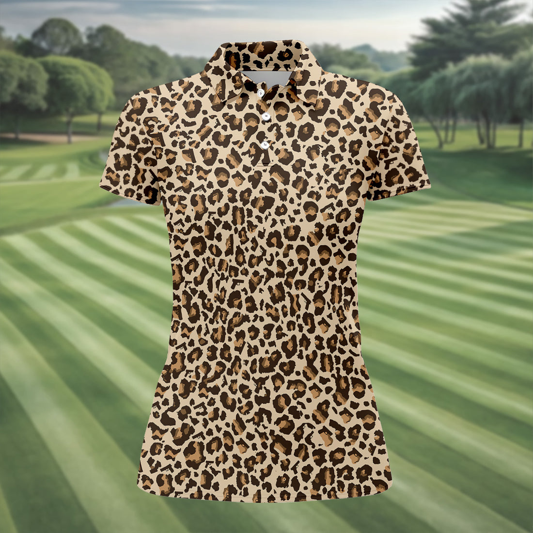 Brown Leopard Women Golf Top, Ladies Golf Shirts, Golf Gifts For Women, Golfing Apparel