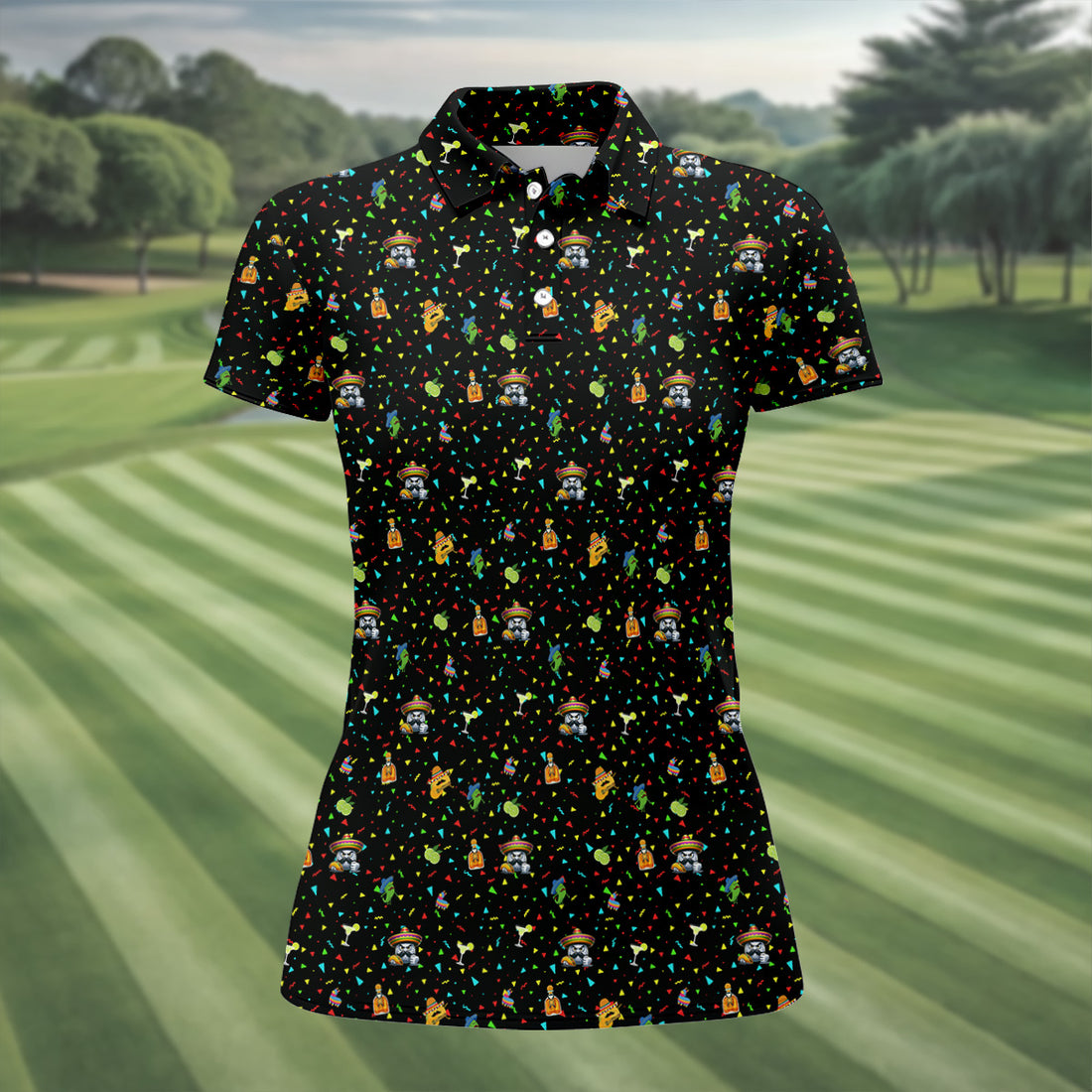 Fairway Fiesta Black Golf Polo Shirt, Fun Women's Golf Shirts, Ladies Golf Polos, Golfing Apparel