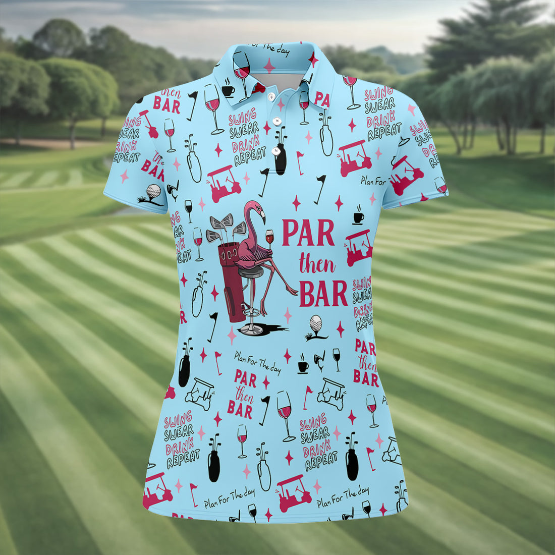 Pink And Blue Par Then Bar Flamingo Golf Shirt, Fun Women's Golf Shirts, Ladies Golf Polos