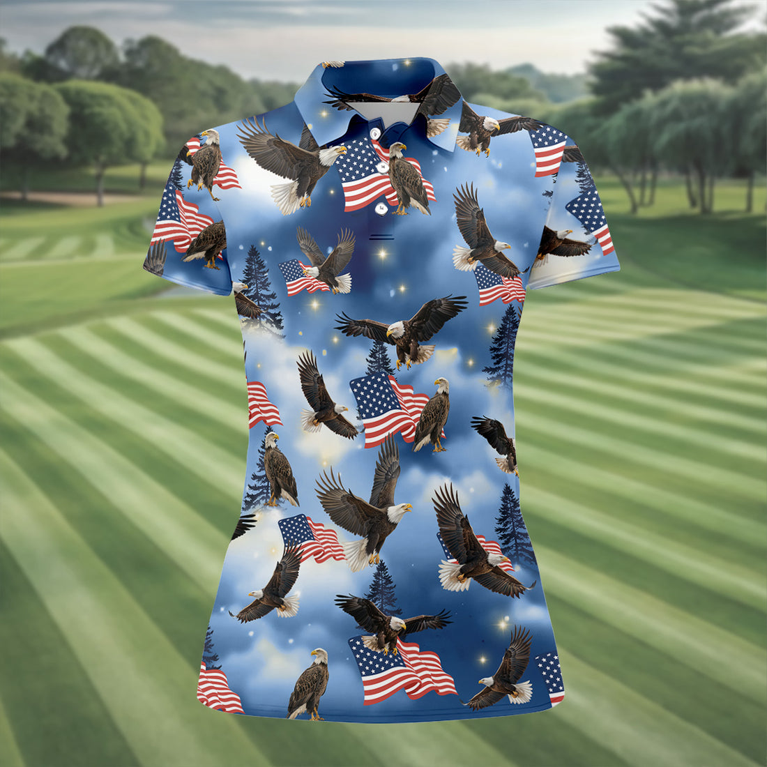 American Flag Eagle Ladies Patriotic Golf Shirts, Womens Golf Tops, Ladies Golf Shirts