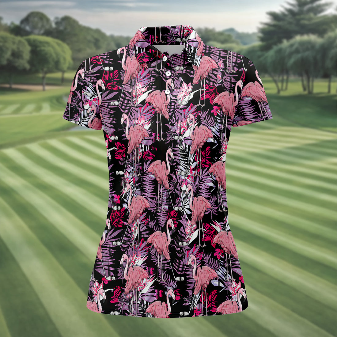 Tropical Flamingo Purple Golf Shirt, Sleeveless Women's Golf Shirts, Ladies Golf Polos, Golfing Apparel
