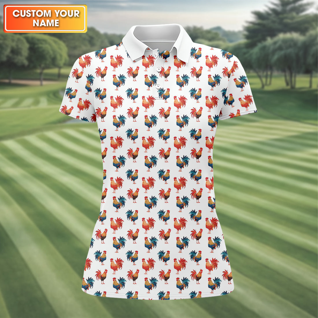 Colorful Chicken Rooster Golf Shirt, Fun Womens Golf Shirts, Cute Golf Outfit, Ladies Golf Polos