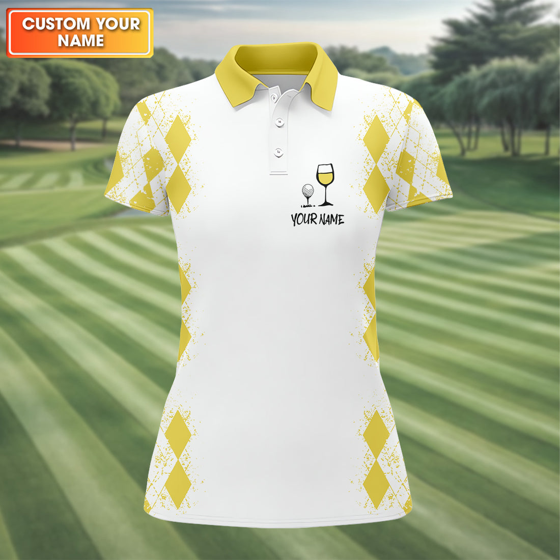 Swing Swear Drink Repeat Lemon Yellow Argyle Golf Shirt, Fun Womens Golf Shirts, Ladies Golf Shirts
