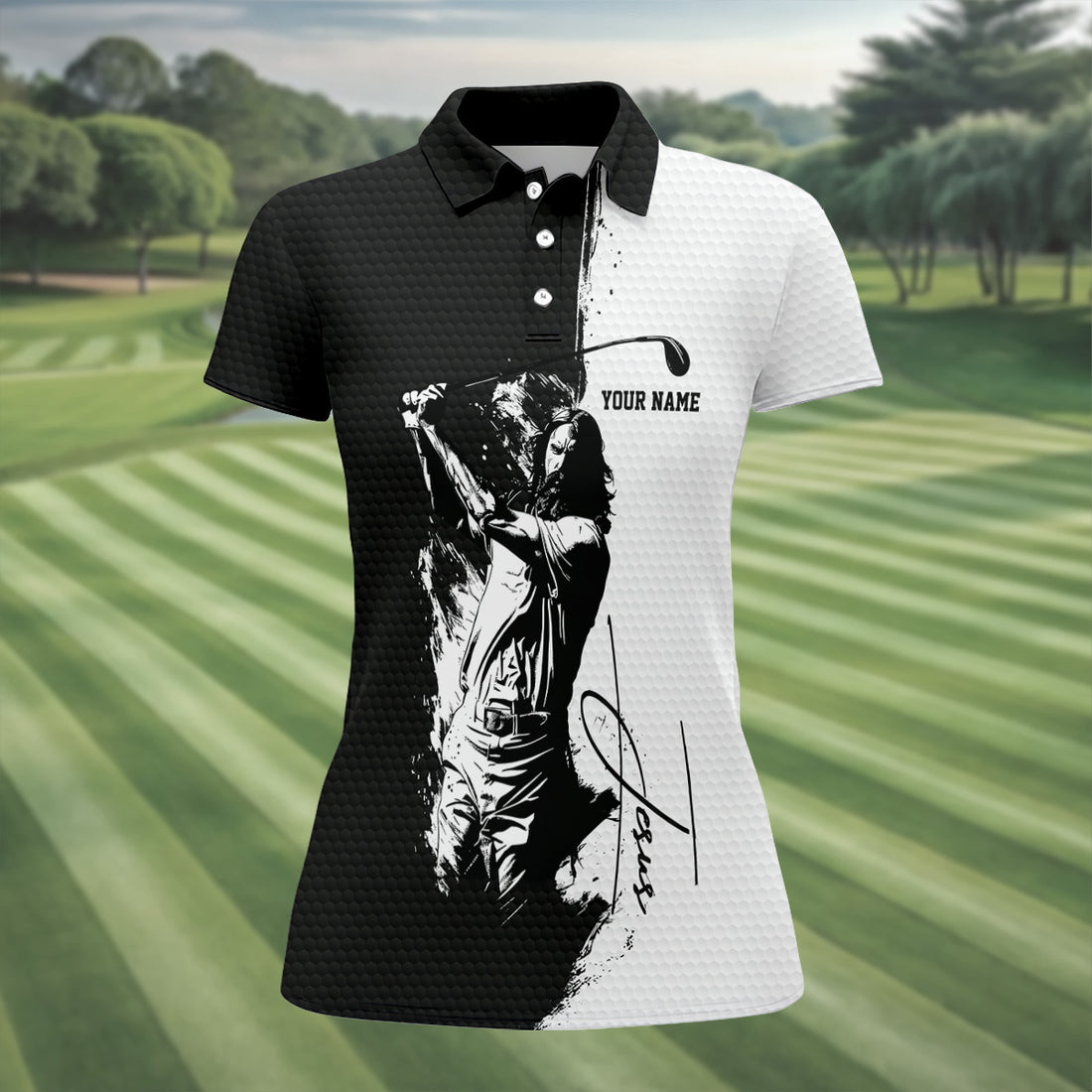 Jesus Is My Savior Golf Is My Therapy Christian Golf Shirt, Black And White Golf Polo, Ladies Golf Shirts