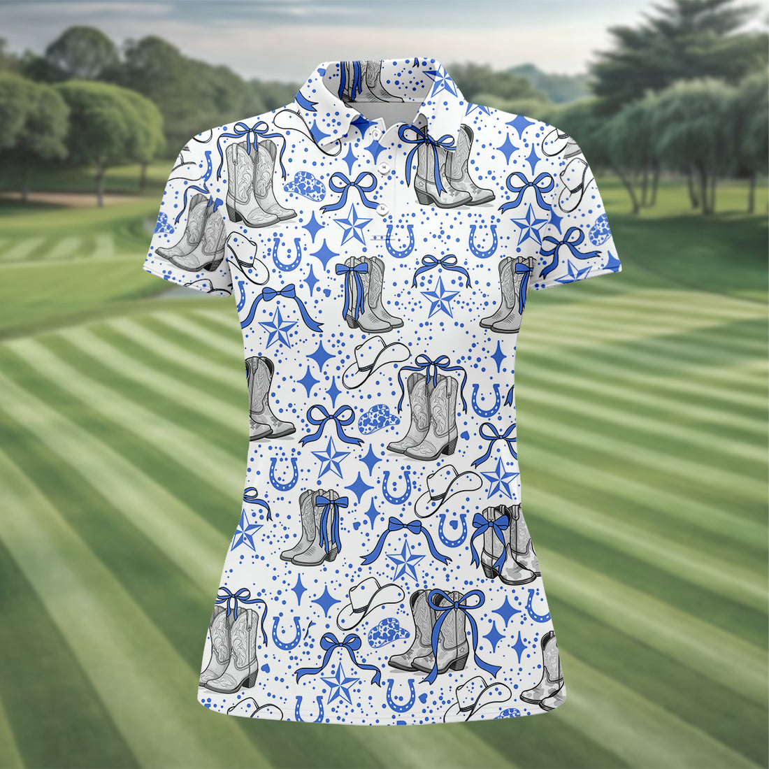 Coquette Cowgirl Boots Blue Western Golf Shirts Women, Retro Golf Shirt, Ladies Golf Polos