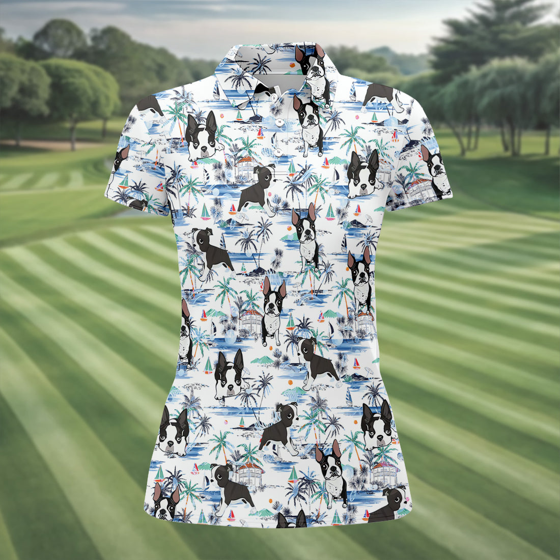 Boston Terrier Ocean Vibe White Tropical Golf Shirts, Fun Women's Golf Shirts, Gifts For Dog Lovers