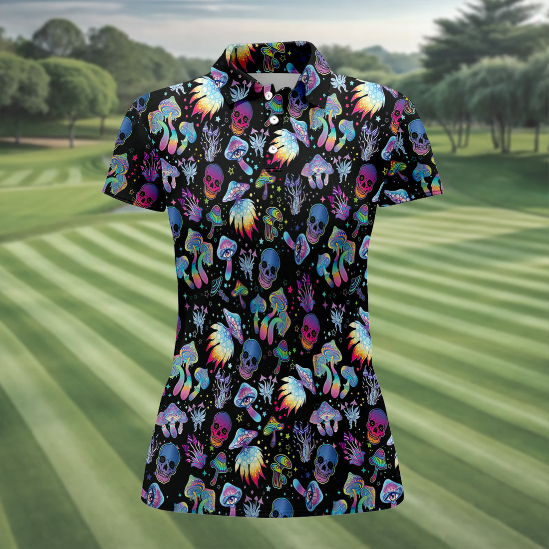 Funny Neon Skull Alien Mushroom Halloween Polo Shirts, Women Golf Shirt, Ladies Golf Polos