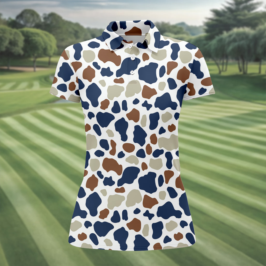 Cow Print Pattern Golf Polo Shirt, Fun Women's Golf Shirts, Ladies Golf Polos, Golfing Apparel