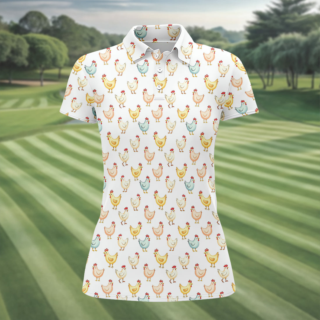 Chicken Rooster White Women Golf Top, Gift For Chicken Lover, Ladies Golf Shirts, Women's Polo Shirt