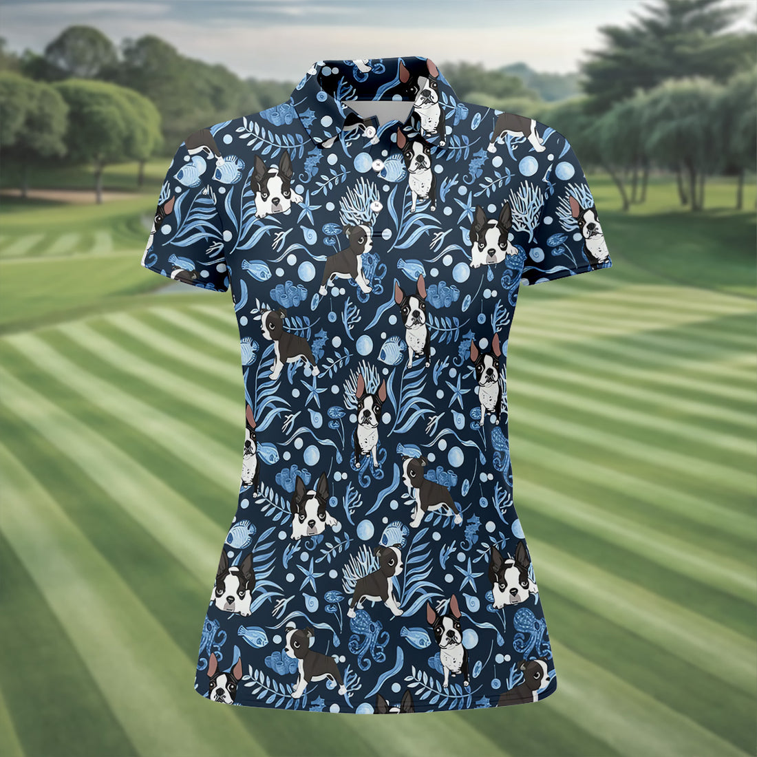 Boston Terrier Ocean Vibe Blue Tropical Golf Shirts, Fun Women's Golf Shirts, Gifts For Dog Lovers