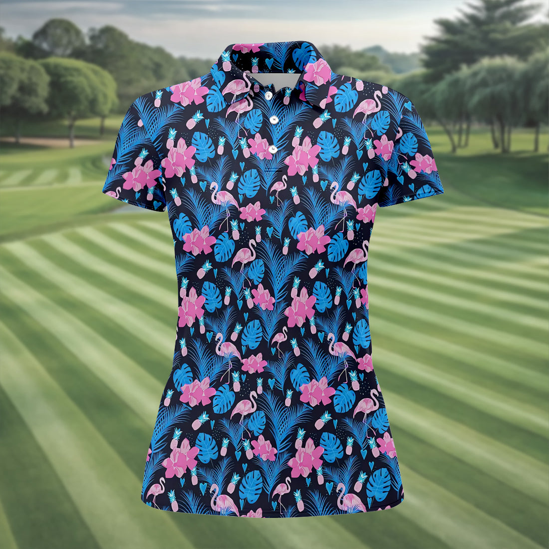 Flamingo Pink Pink And Blue Tropical Golf Shirts, Ladies Sleeveless Polo, Women's Golf Tops