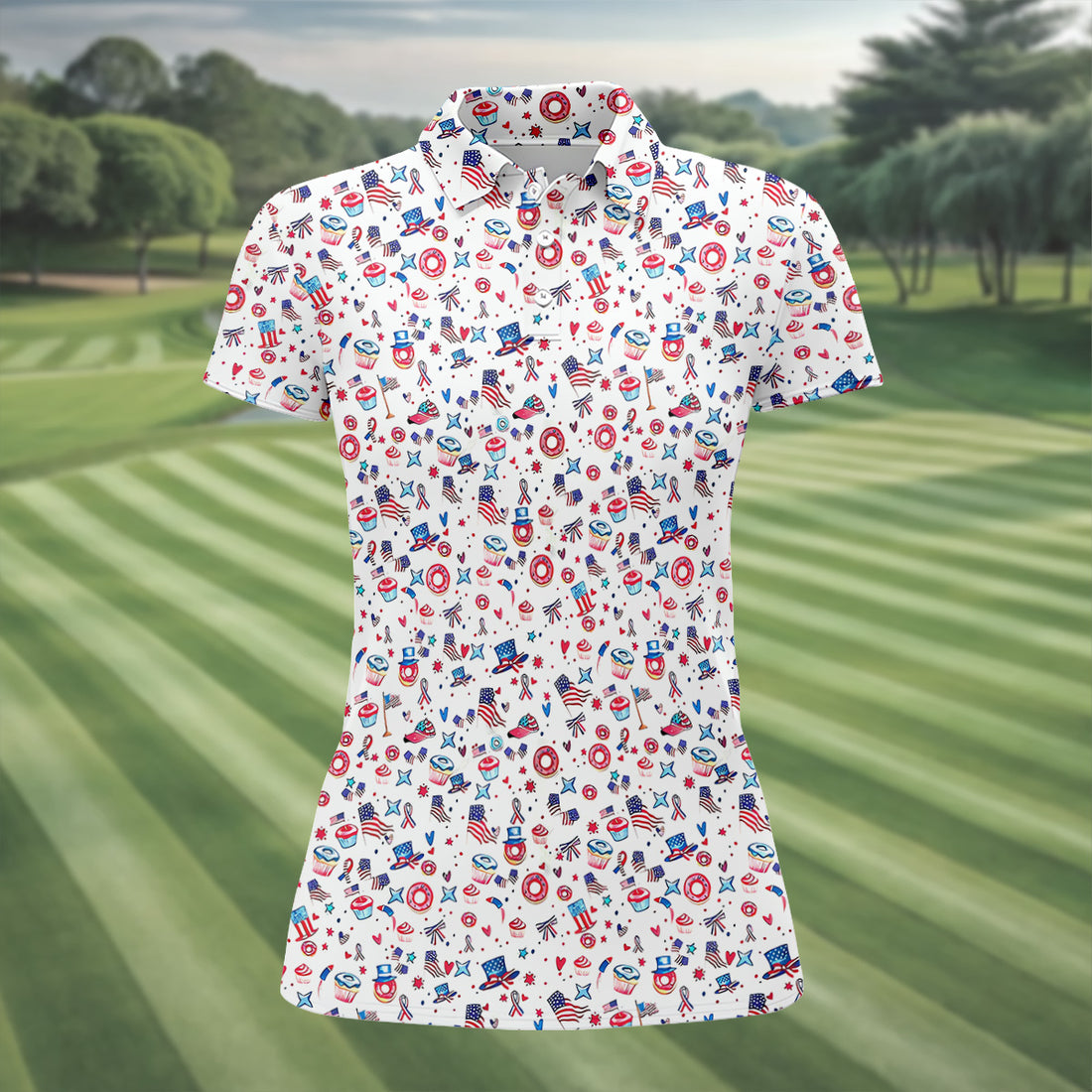 American Flag Donut Pattern Fun Women's Golf Shirts, Ladies Patriotic Golf Shirts, Women's Polo Shirt
