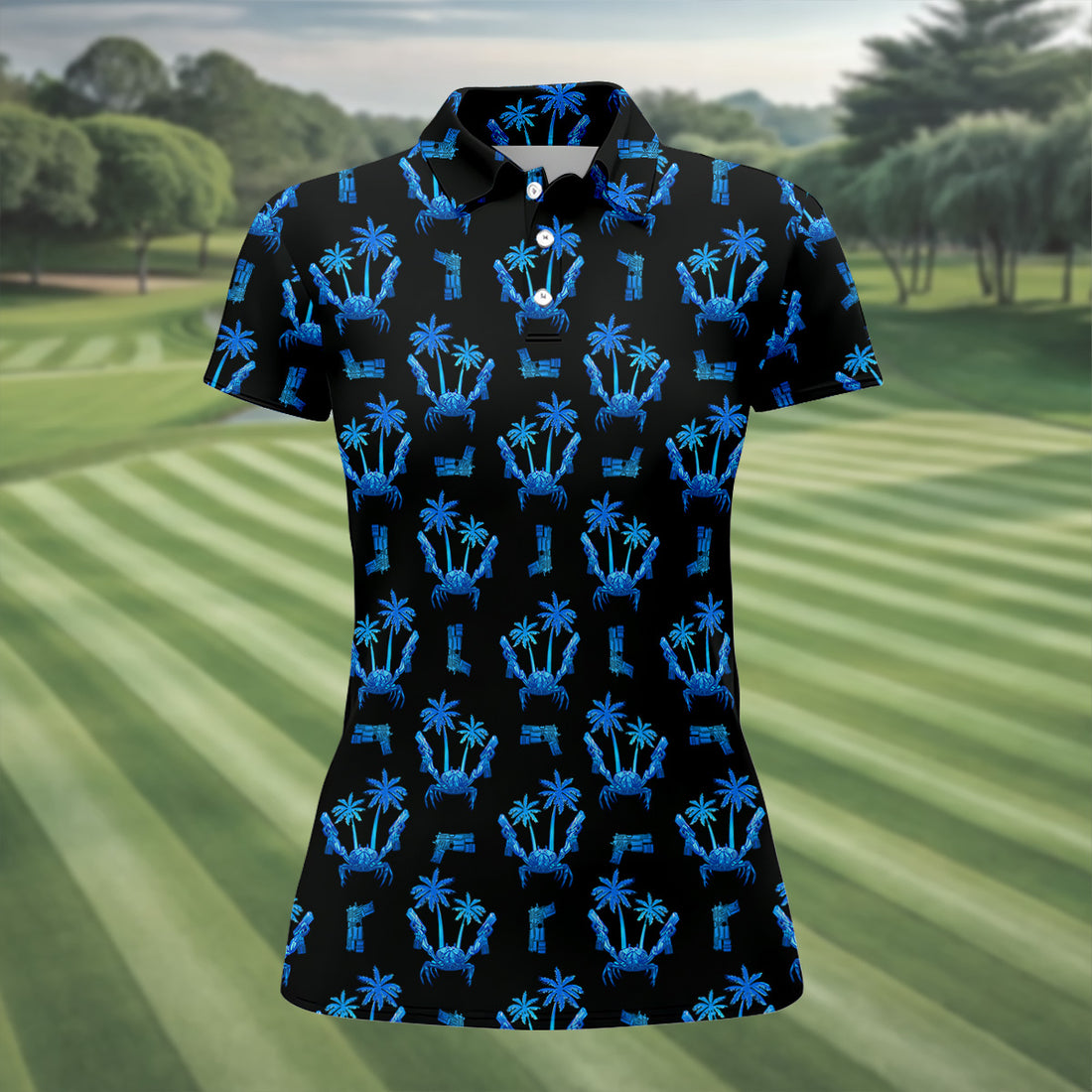 The Blue Crab Tropical Golf Shirts, Black Golf Shirt, Ladies Golf Shirts, Golf Gifts For Women