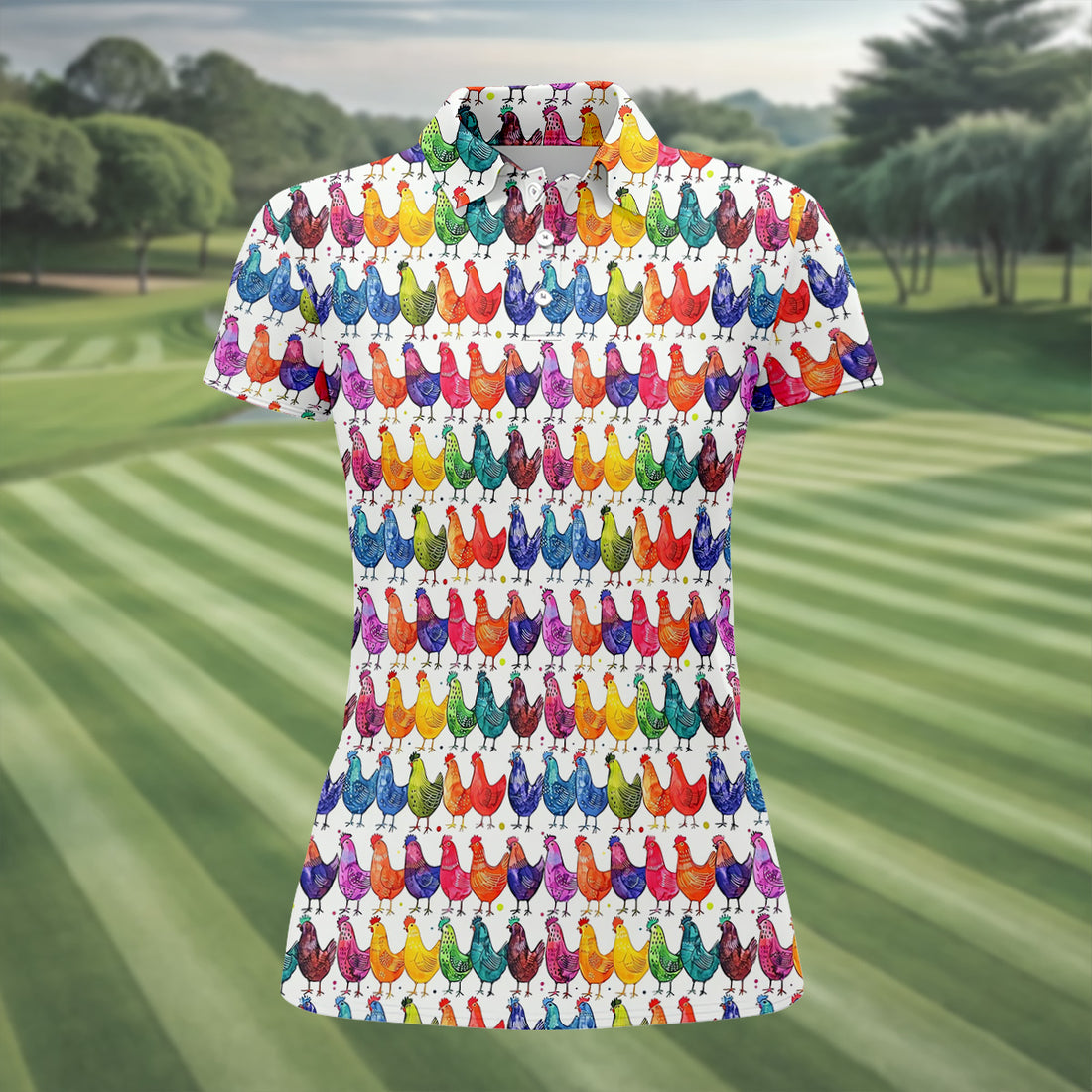 Whimsical Chicken Colorful Golf Shirt, Cute Golf Outfit, White Polo Women, Ladies Golf Shirts