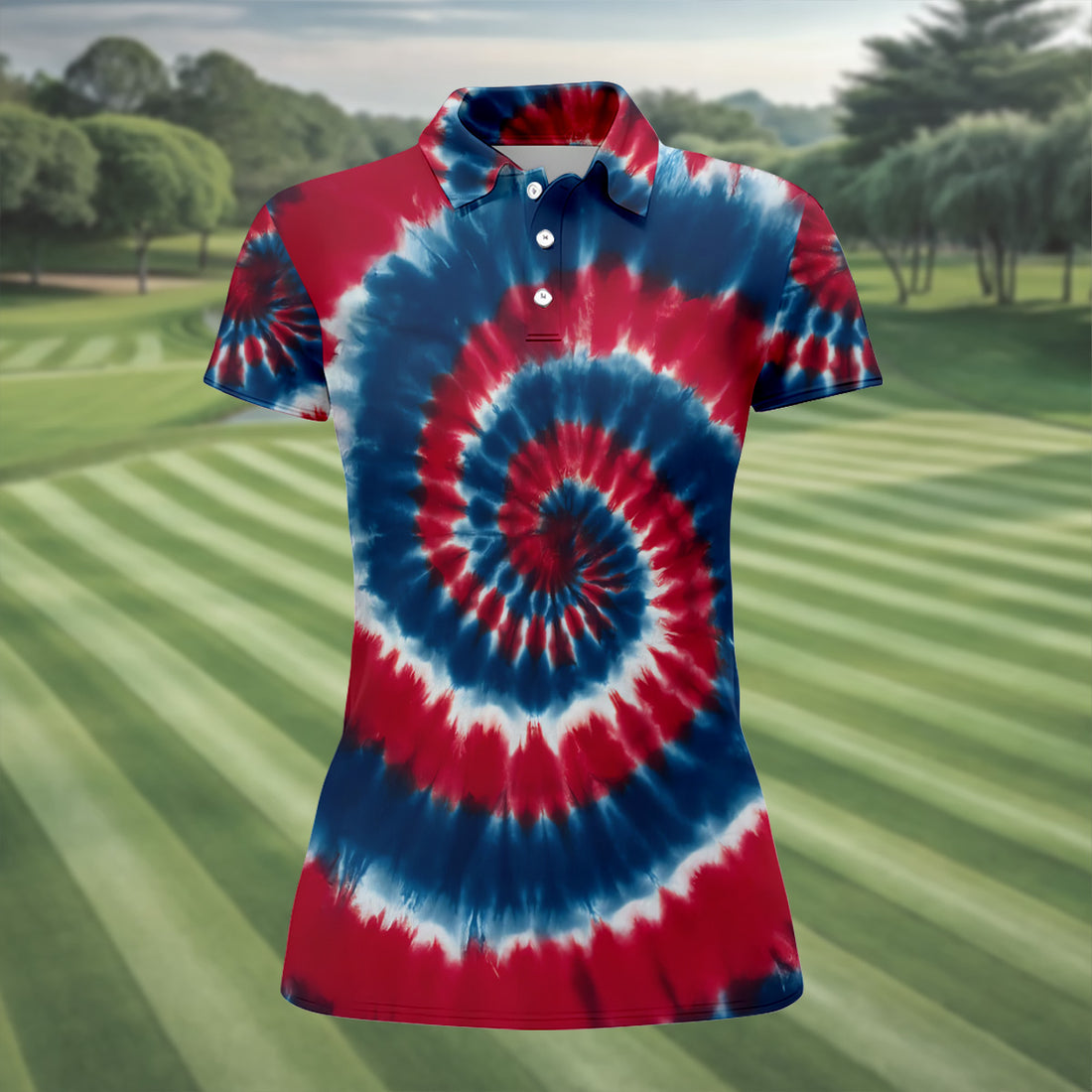 Red White Blue Tie Die Print Ladies Patriotic Golf Shirts, Ladies Sleeveless Polo, Women's Polo Shirt