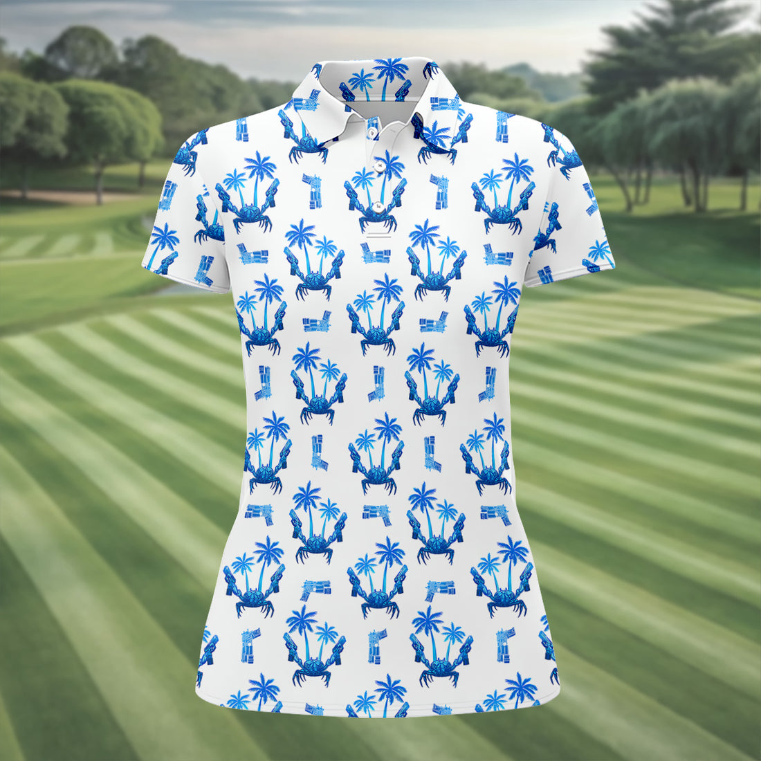 The Blue Crab Tropical Golf Shirts, Ladies Golf Shirts, Golf Gifts For Women, Golfing Apparel