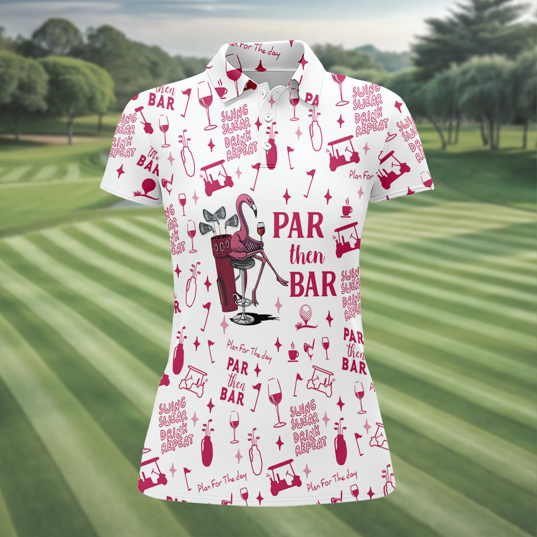 Swing Swear Drink Repeat Par Then Bar Flamingo Golf Shirt, Women's Golf Tops, Golf Shirt For Women