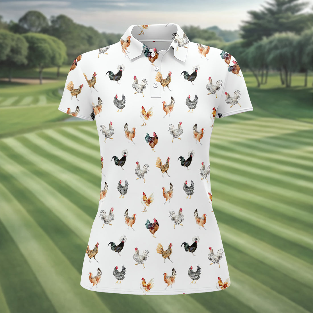 Prancing Chickens Women's White Golf Shirt, Gift For Chicken Lover, Ladies Golf Shirts, Golfing Apparel