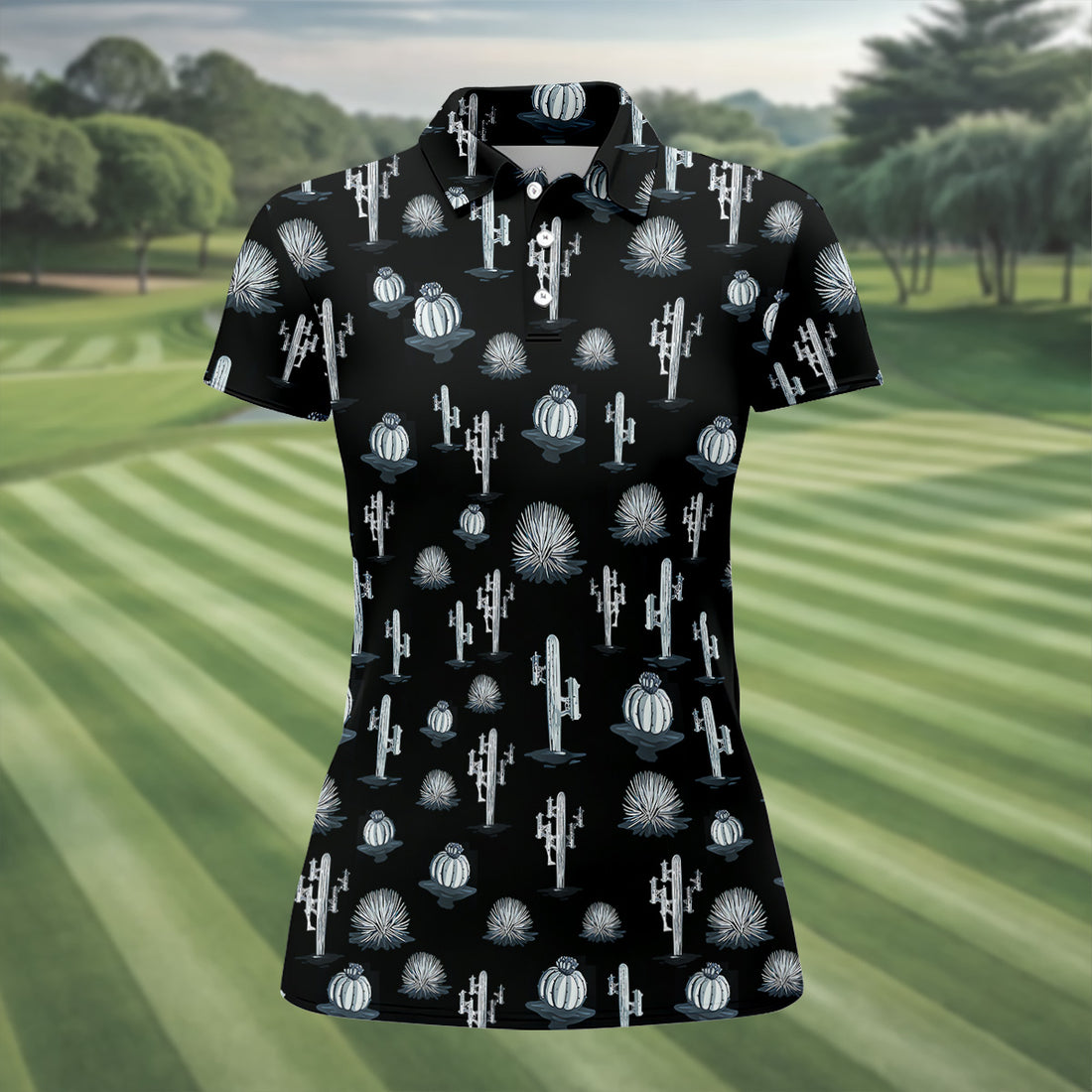Desert Cactus Black And White Women's Golf Tops, Ladies Golf Shirts, Golf Gifts For Women