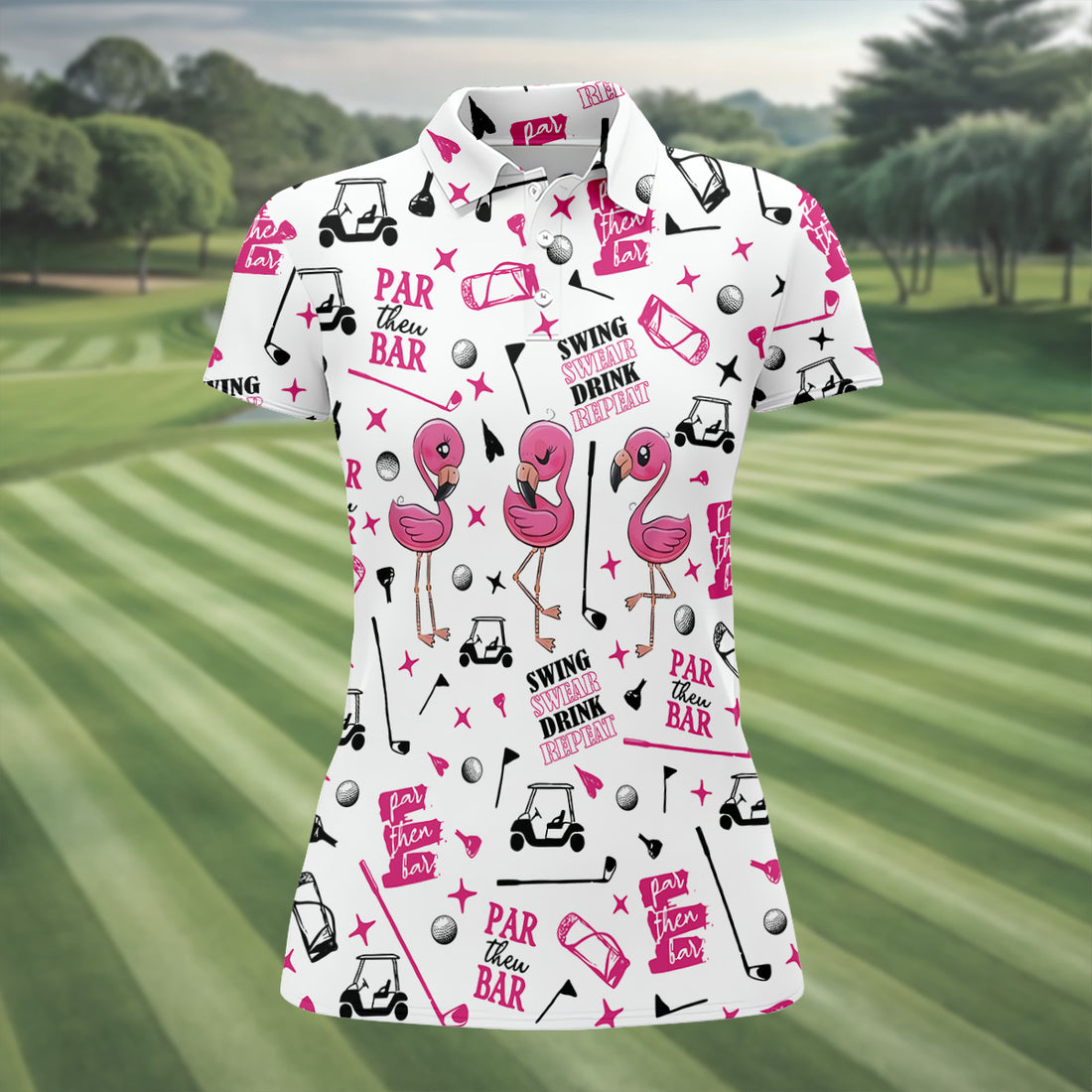Swing Swear Drink Repeat Par Then Bar Flamingo Golf Shirt, Fun Women's Golf Shirts, Ladies Golf Polos