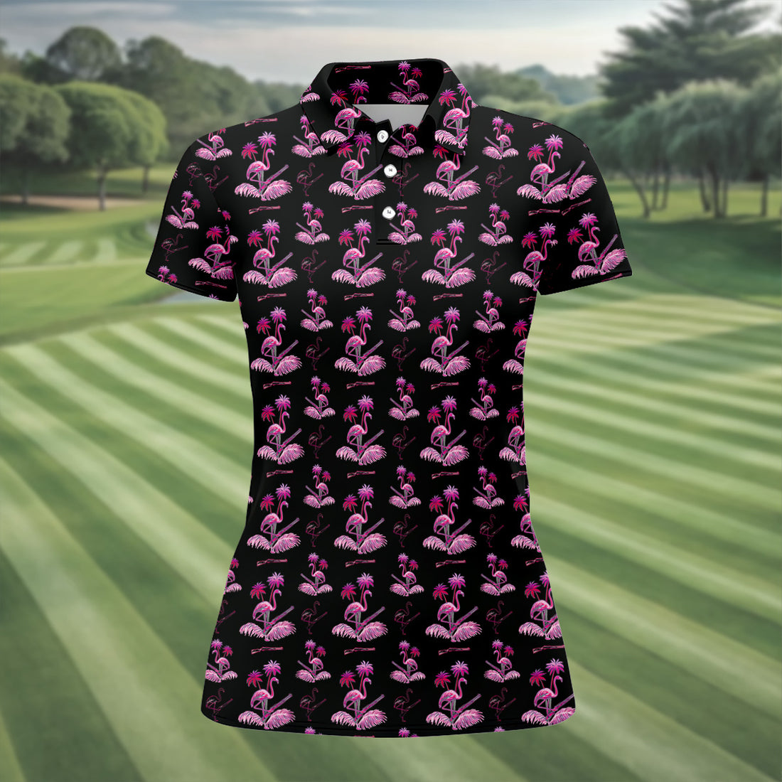 Flamingo Tropical Pink And Black Women's Golf Tops, Ladies Golf Shirts, Golf Gifts For Women