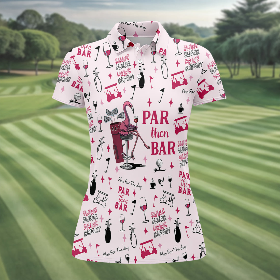 Pink Swing Swear Drink Repeat Par Then Bar Flamingo Golf Shirt, Fun Women's Golf Shirts, Ladies Golf Polos