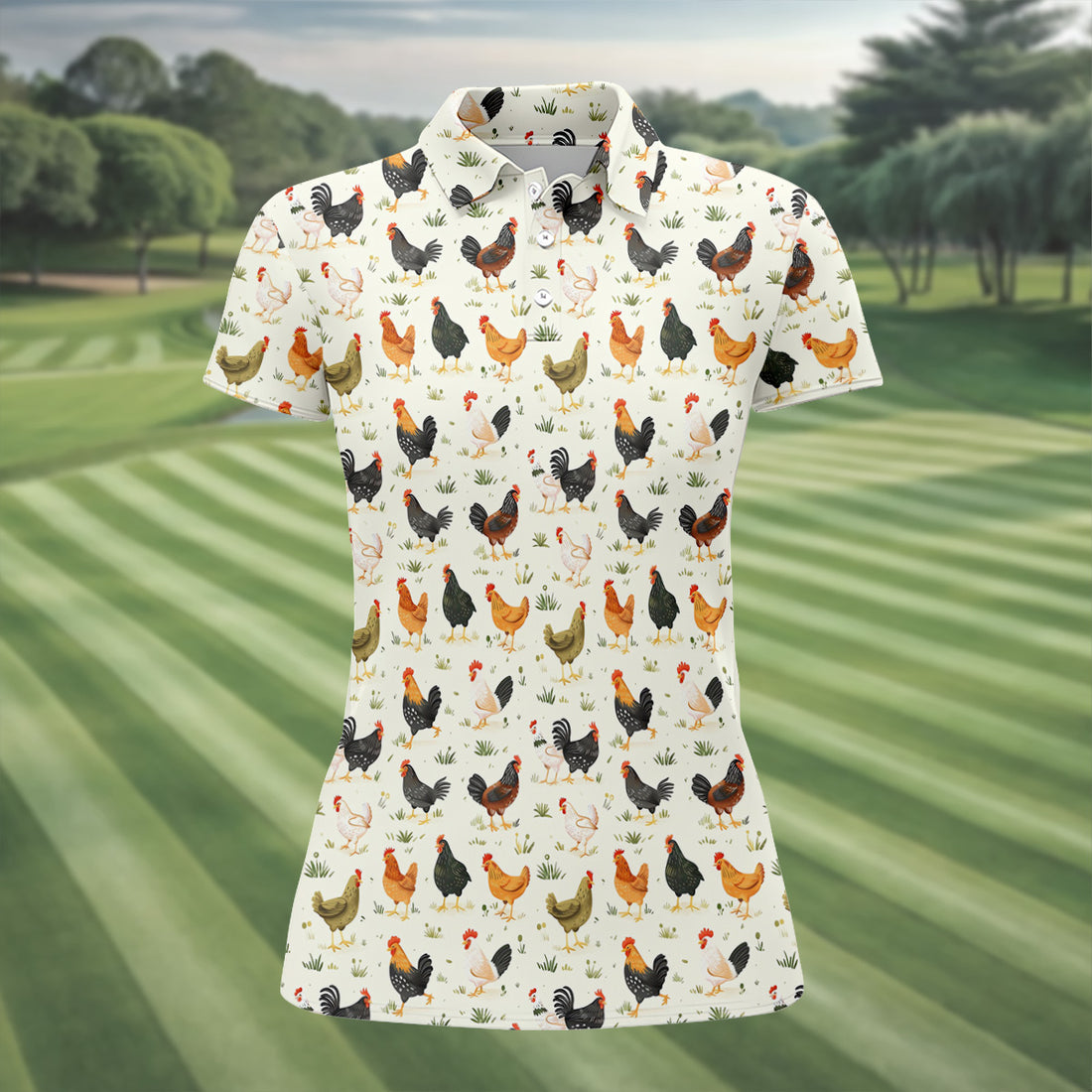 Chicken Rooster Beige Women Golf Top, Gift For Chicken Lover, Ladies Golf Shirts, Women's Polo Shirt