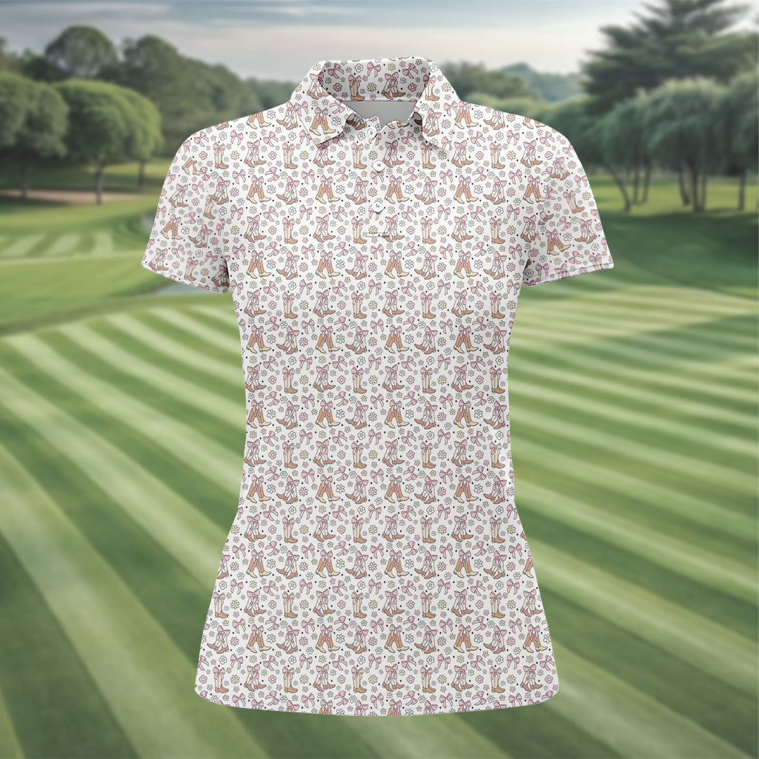Coquette Cowgirl Boots Retro Western Golf Shirts Women, Ladies Golf Polos, Golfing Apparel