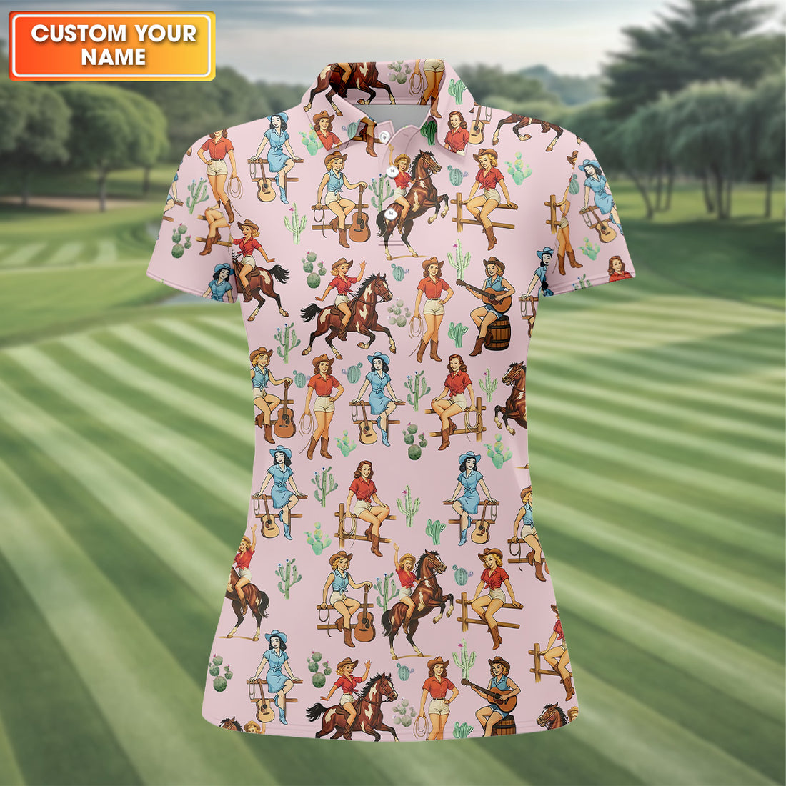 Cowgirl Sleeveless Womens Golf Shirts, Western Golf Shirts Women, Pink Golf Shirt, Ladies Golf Shirts