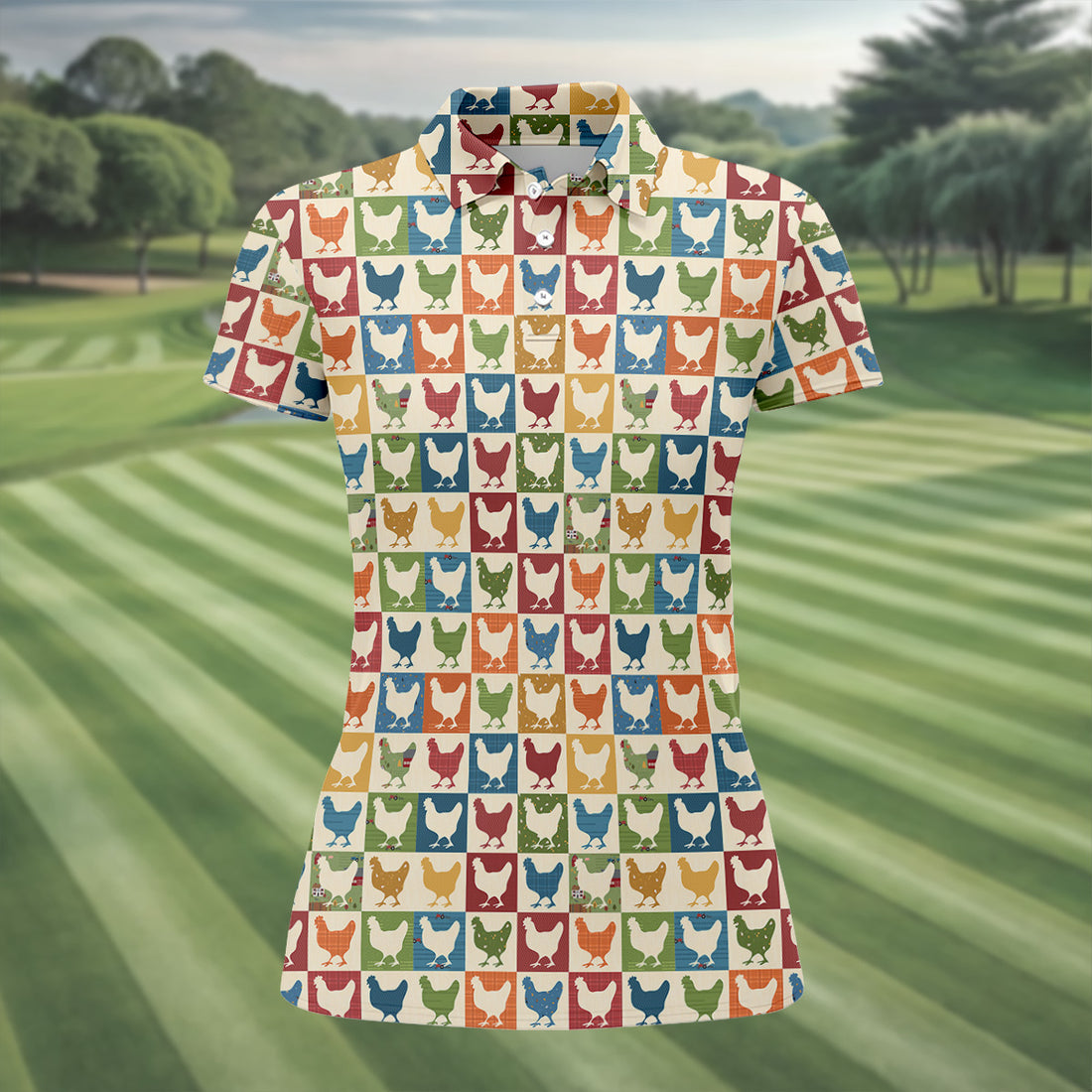 Chicken Rooster Colorful Checkered Women Golf Top, Gift For Chicken Lover, Ladies Golf Shirts