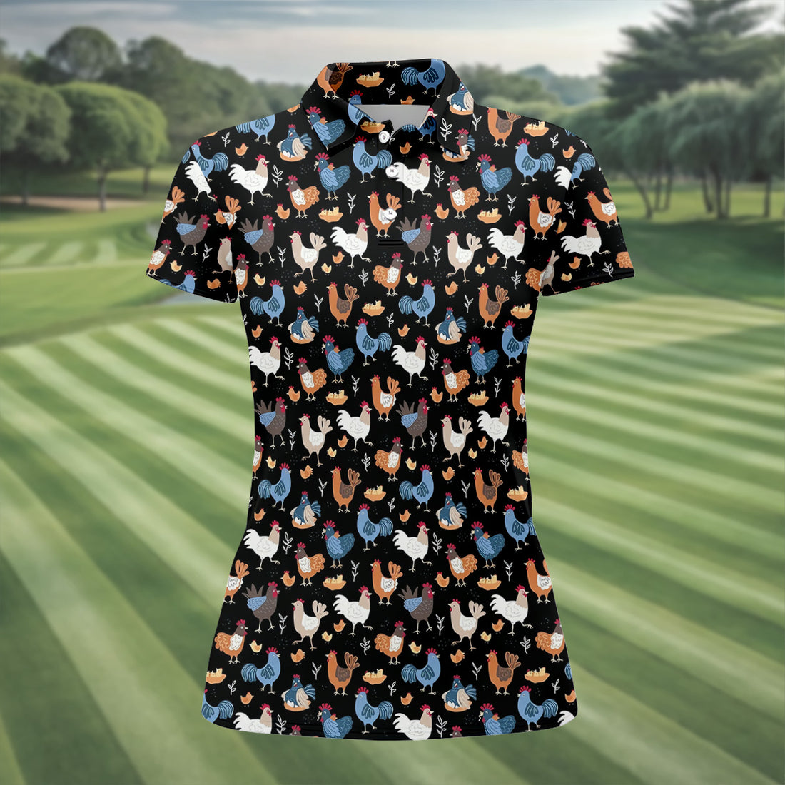 Funny Rooster Black Golf Polo Shirt, Fun Women's Golf Shirts, Gift For Chicken Lover, Ladies Golf Shirts