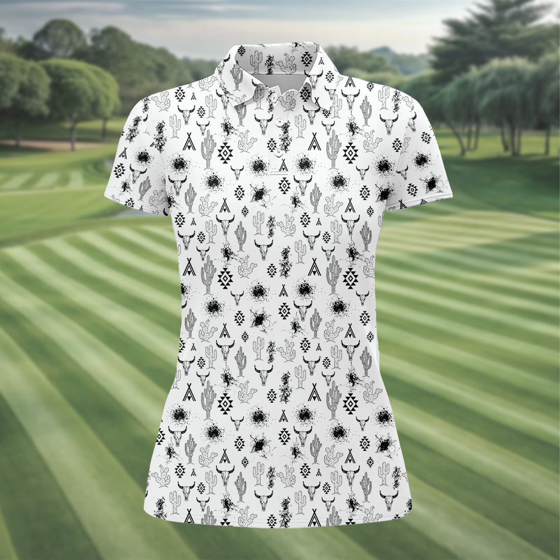 Aztec Bull Skull Western Golf Shirts Women, Women Golf Top, Ladies Golf Polos, Golfing Apparel