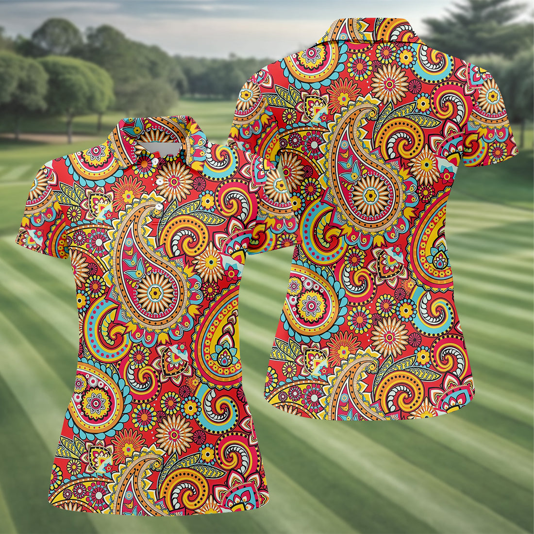 Red Paisley Seamless Pattern Women Golf Top, Golf Shirt For Women, Women's Polo Shirt