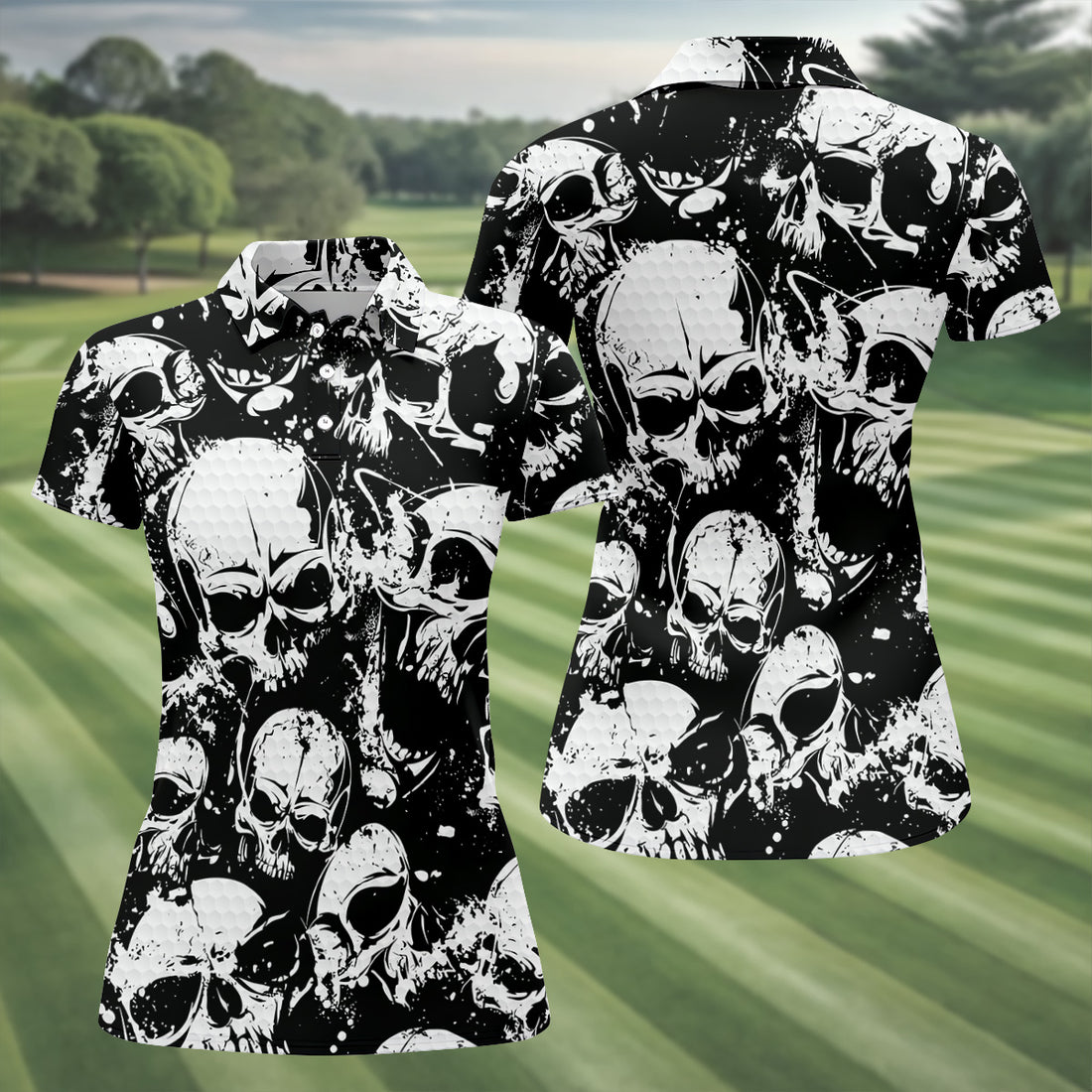 Skulls Splatter Black Grunge Womens Golf Shirts, Ladies Golf Polos, Cool Golf Gift, Golfing Apparel