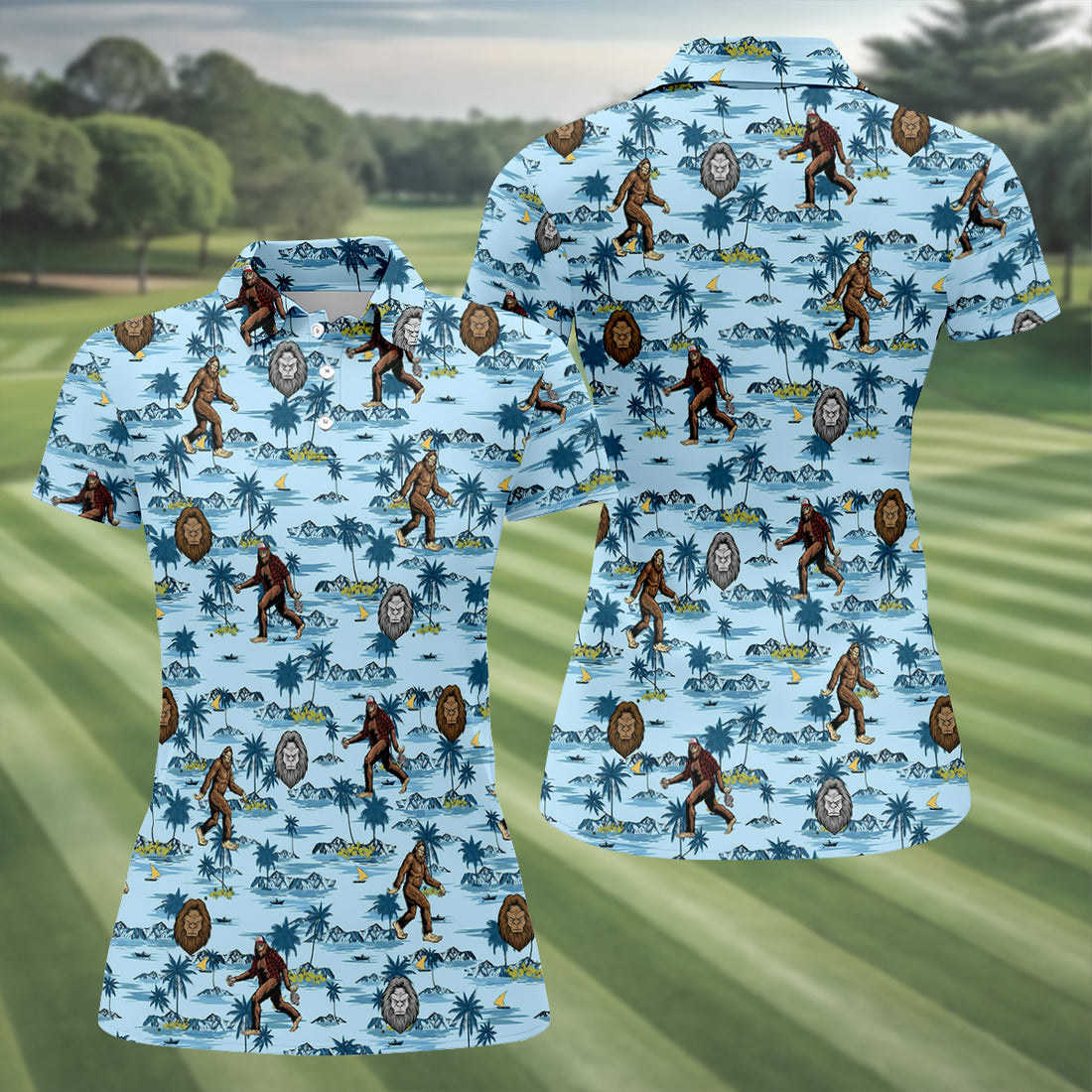 Blue Funny Sasquatch Tropical Golf Shirts, Ladies Golf Shirts, Golfing Apparel, Women's Polo Shirt