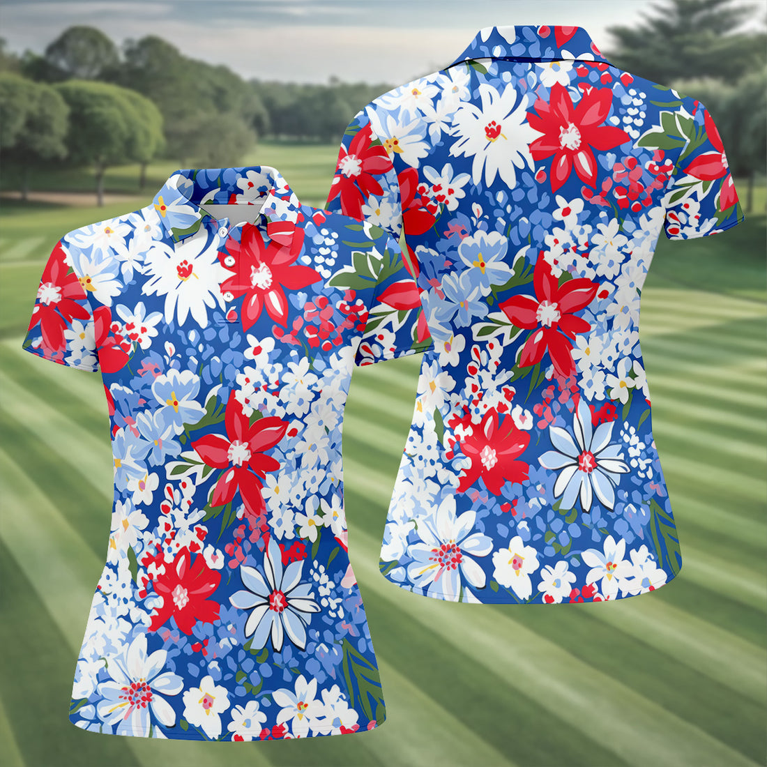 Red White Blue Flowers Seamless Pattern Women Golf Top, Patriotic Golf Shirt, Ladies Golf Polos