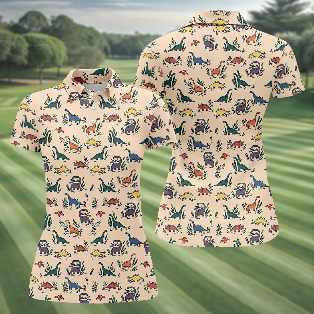 Dinosaur Polo Shirt, Seamless Pattern Womens Golf Shirts, Ladies Golf Shirts, Golfing Apparel