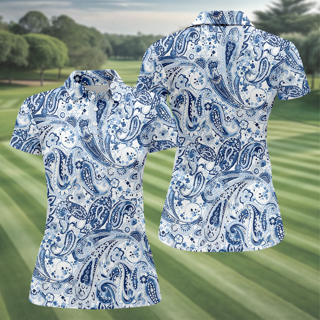 Blue Paisley Seamless Pattern Women Golf Top, Golf Shirt For Women, Women's Polo Shirt