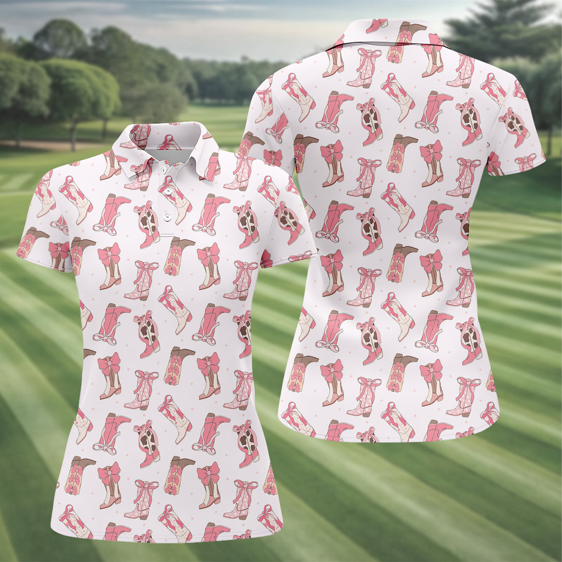 Coquette Bow Cowgirl Boots Womens Golf Shirts, Ladies Golf Shirts, Golfing Apparel