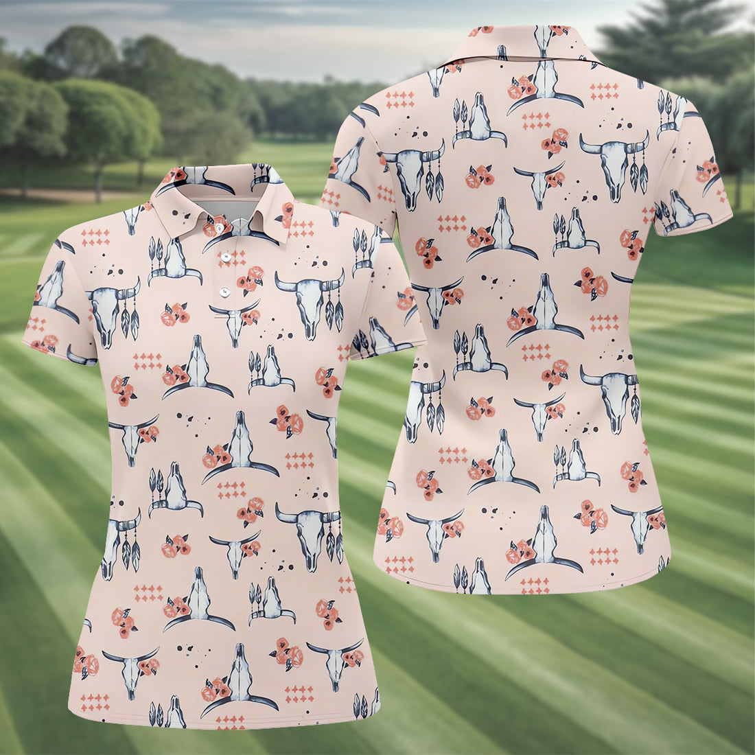 Boho Buffalo Skull Seamless Pattern Women Golf Top, Golf Shirt For Women, Ladies Golf Polos