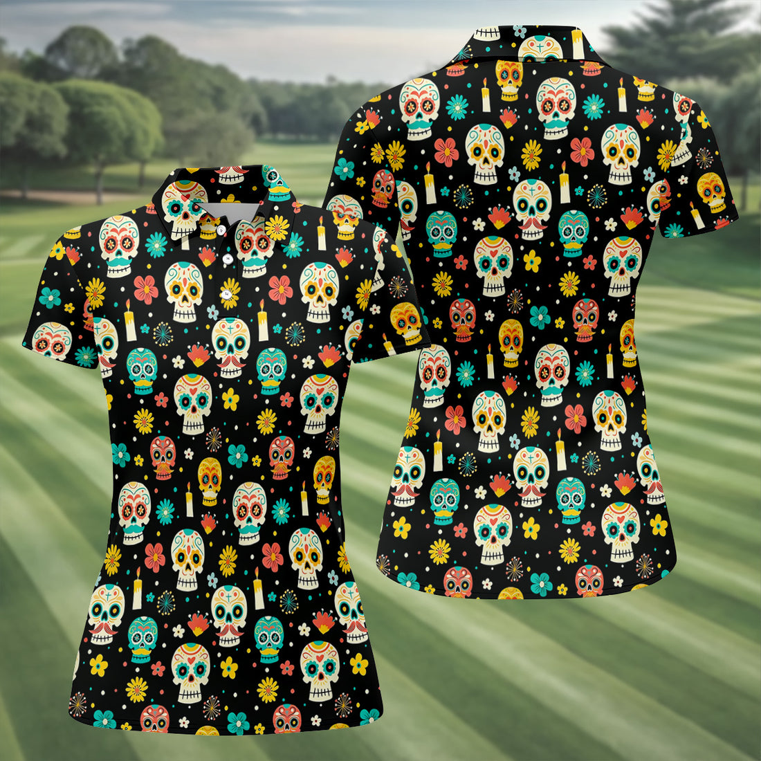 Cartoon Sugar Skull Mexican Day of the Dead Golf Shirt, Ladies Sleeveless Tops, Women's Golf Shirts