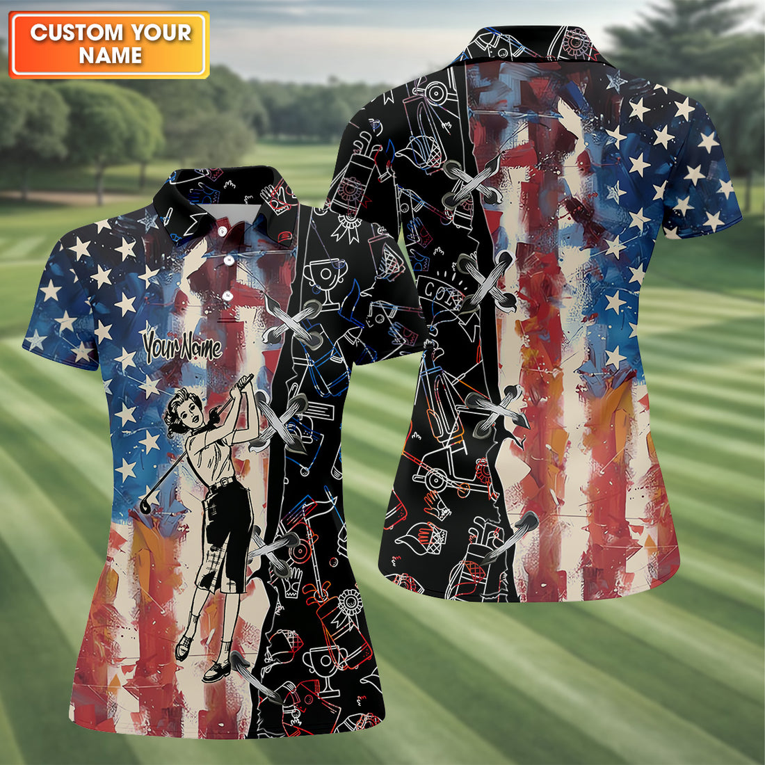 American Lady Retro Golf Shirt, Patriotic Golf Polos, Ladies Golf Shirts, Cool Golf Gift