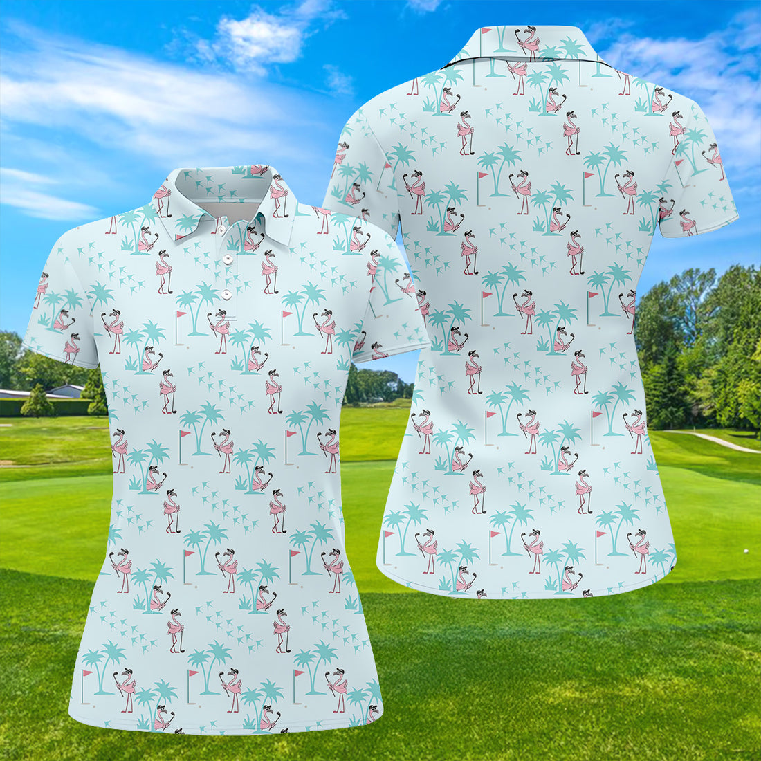 Tropical Flamingo Blue Golf Shirt, Women Golf Top, Ladies Golf Polos, Golfing Apparel