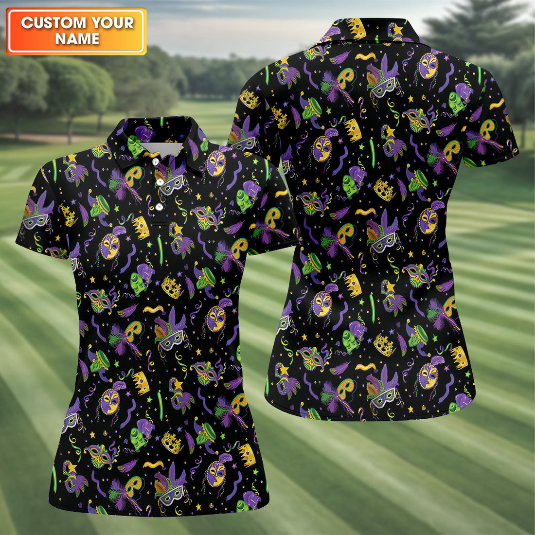 Mardi Gras Pattern Black Golf Polo Shirt, Ladies Sleeveless Tops, Ladies Golf Polos, Golfing Apparel