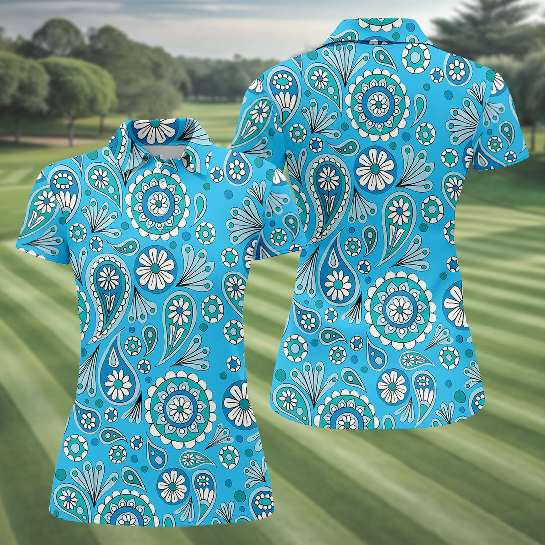 Blue Paisley Seamless Pattern Women Golf Top, Golf Shirt For Women, Ladies Golf Polos