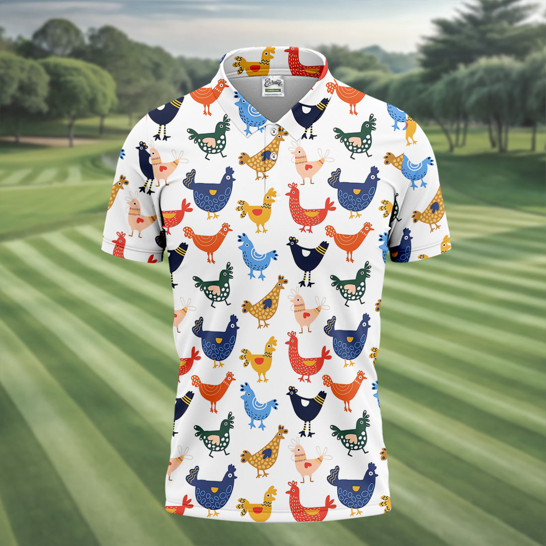 Colorful Animated Chickens White Polo Shirt Mens, Fun Golf Shirts For Men, Gift For Chicken Lover
