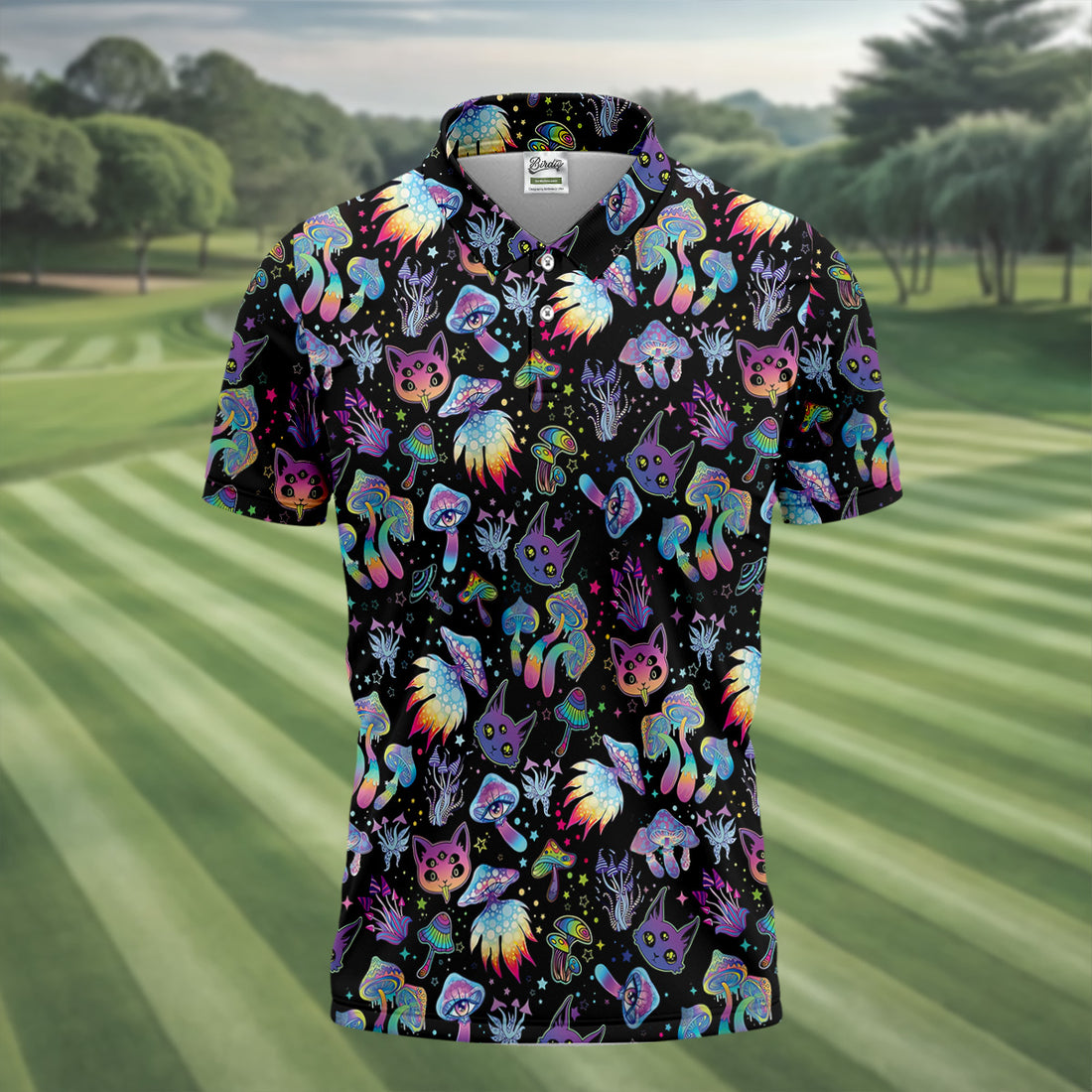 Funny Neon Cat Alien Mushroom Golf Tops For Men, Cute Golf Outfit, Polo Shirts For Men, Golfing Apparel
