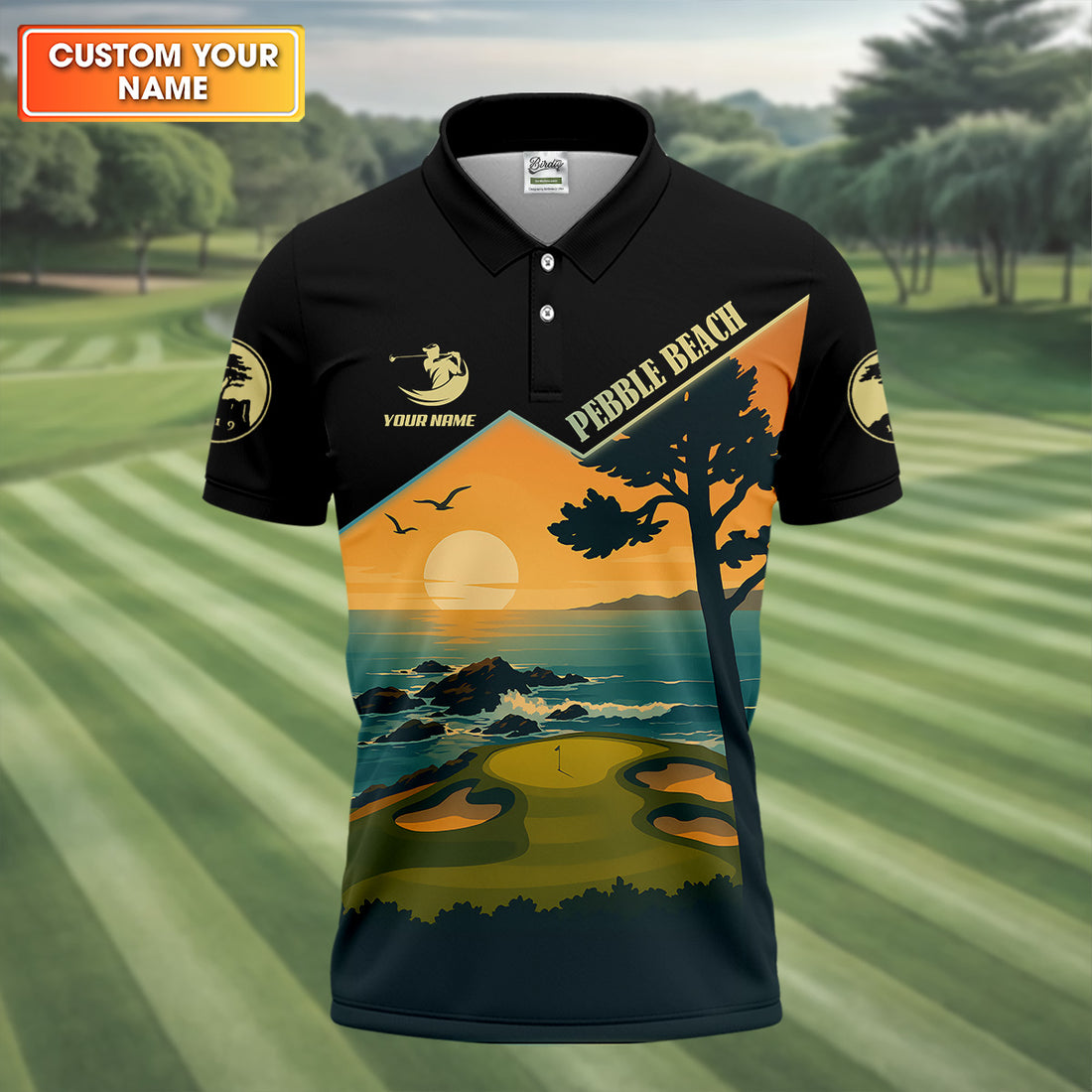 Pebble Beach Sunset Golf Tops For Men, Custom Golf Polos, Golf Polo Shirt, Golf Gift For Men