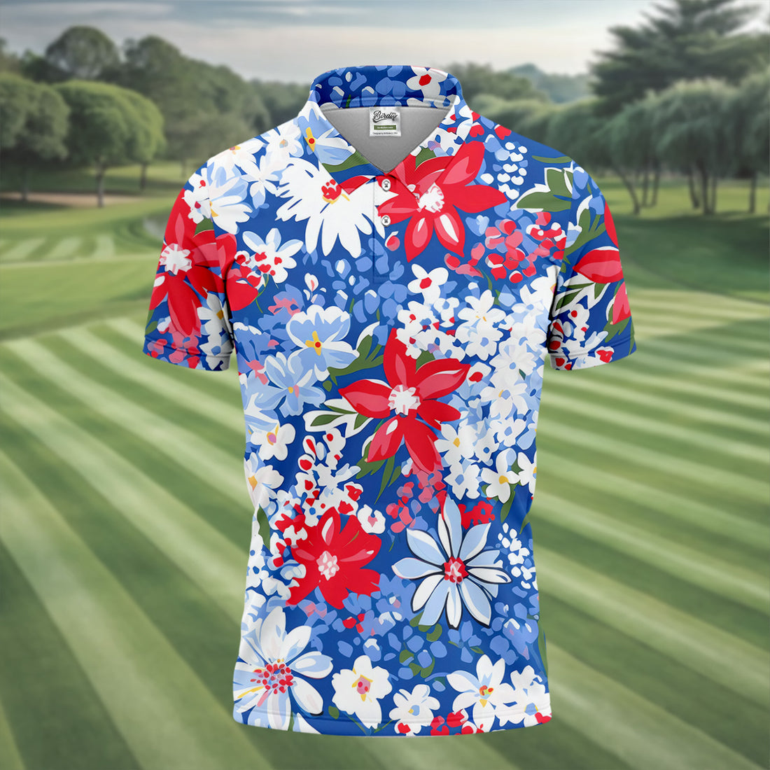 Red White Blue Flowers Seamless Pattern Golf Tops For Men, Patriotic Golf Shirt,  Polo For Men